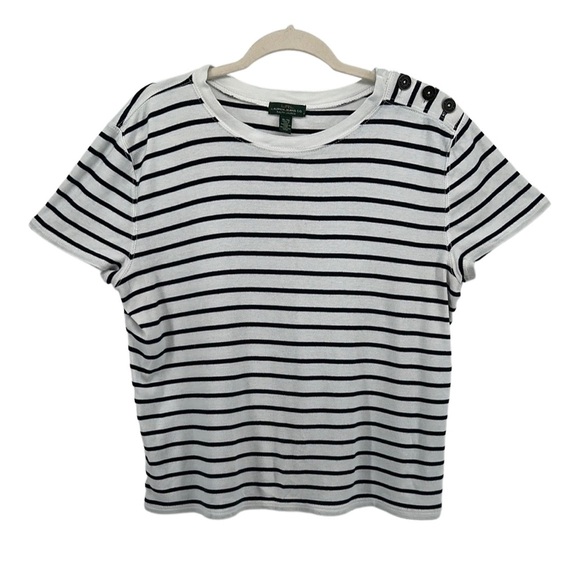 LRL Black&White Striped Short Sleeve T-Shirt Left Shoulder Button Detail Sz XL - Picture 1 of 10